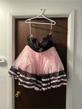 Black & Pink Lace Bodice Tulle Formal Dress with Spaghetti Straps